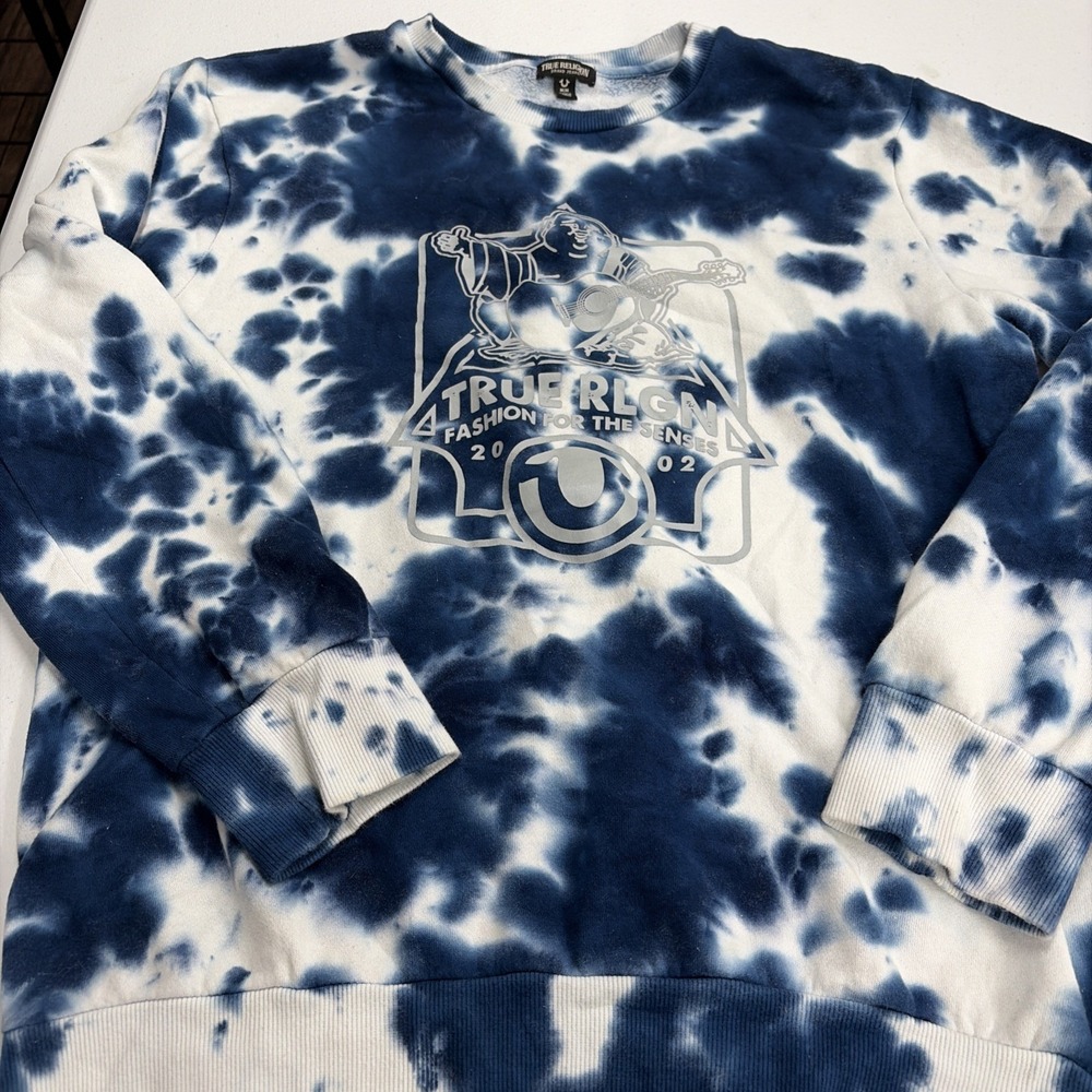 True Religion Tie Dye Buddha Poseidon Sweatshirt Crewneck Men's Medium Blue